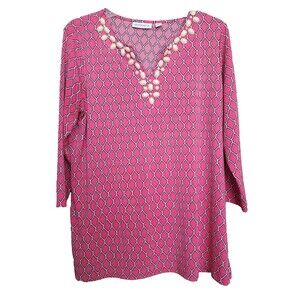 Susan Graver LiquidKnit Pink Embellished Split Neck Tunic Size Medium